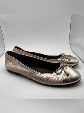Tory Burch Women Gold Quilted Leather Cap-Toe Ballet Flat Shoes SZ 9.5 Metallic